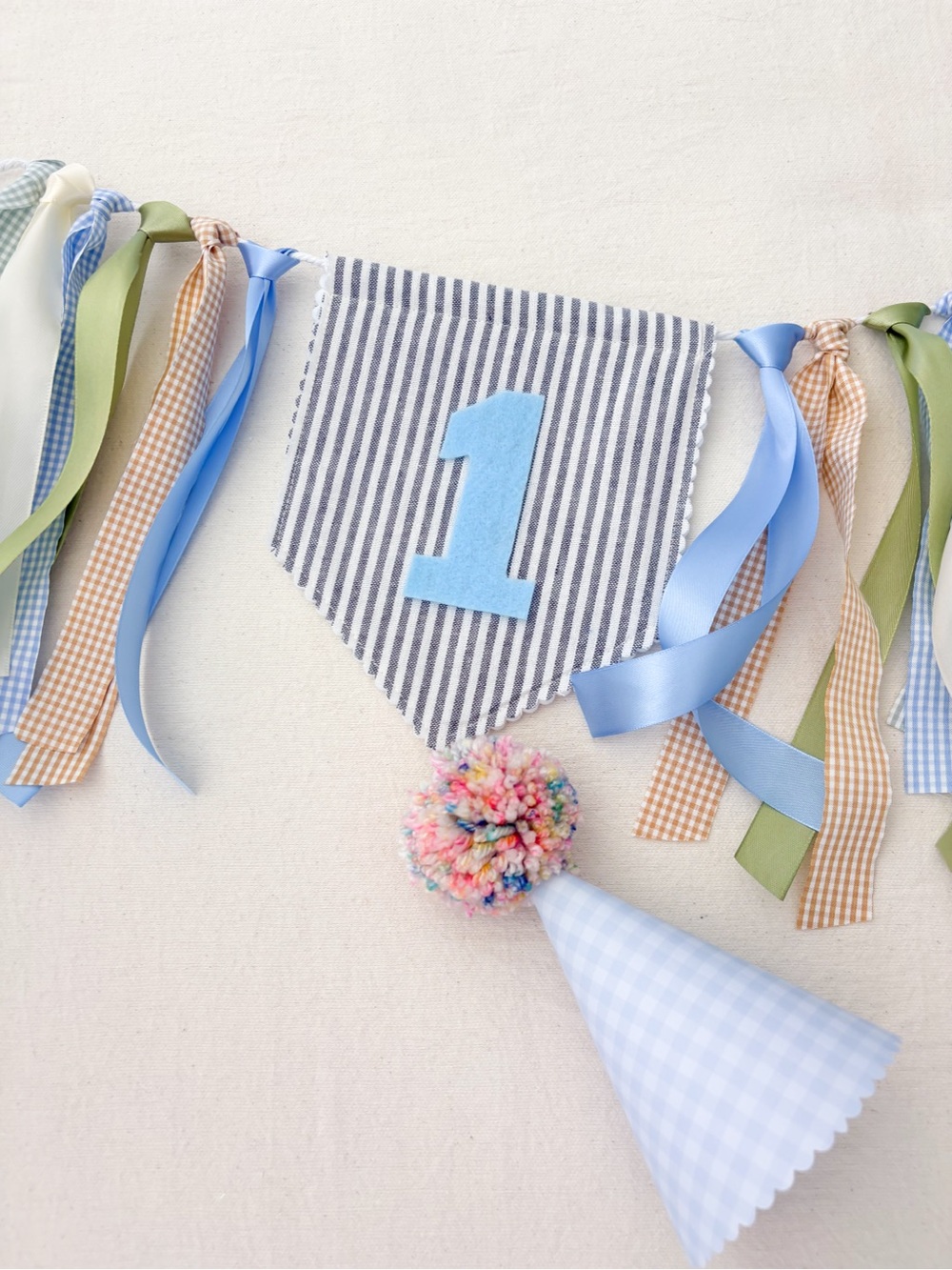 Blue LINEN First Birthday Party Banner and Hat Set by